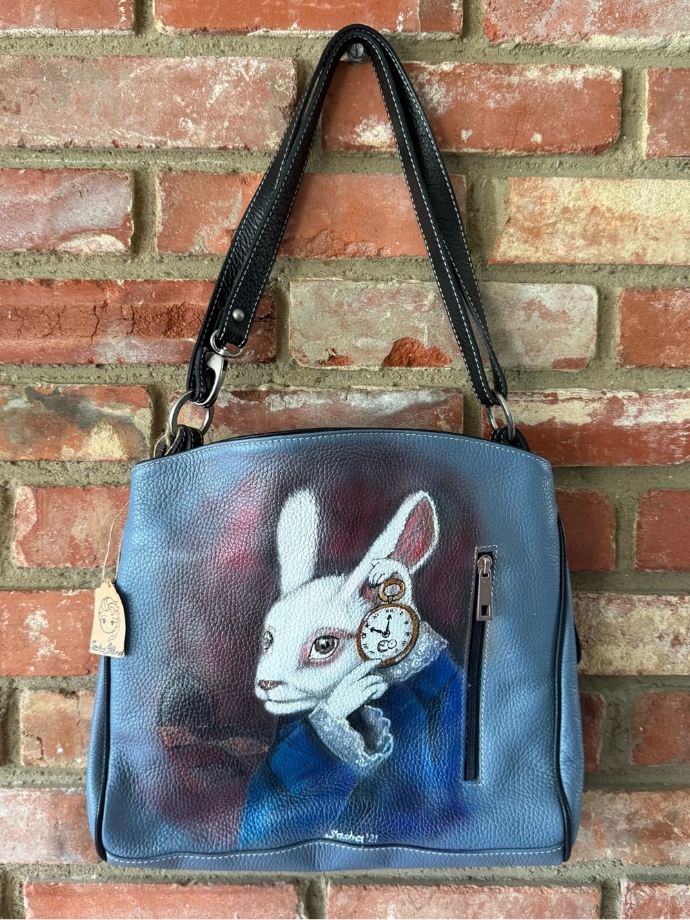 Alice in Wonderland Hand-Painted Blue Leather Shoulder Bag